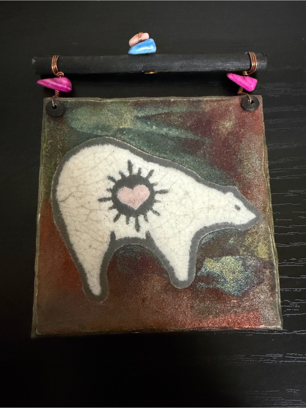Studio Art Pottery Raku Ceramic Wall Plaque Southwest Heartline Bear Tile